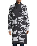 Cashmere Pixel-Print Long Cardigan, Charcoal/White