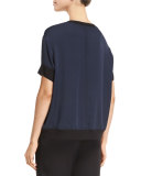 Contrast-Trim Silk Tee, Blue/Black