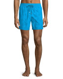 Moorea Flocked-Turtle Swim Trunks, Turquoise