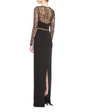 Lace-Sleeve Deep-V Gown, Black