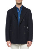 Double-Breasted Cashmere Pea Coat, Dark Blue