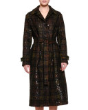 Notch-Collar Embellished Plaid Trench Coat, Black/Ancient Gold