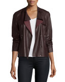 Asymmetric Cropped Leather Trench Jacket, Raisin