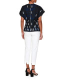 Dolman-Sleeve Domino-Print Top, Ink Blue/White