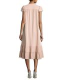 Short-Sleeve Tie-Neck Flounce-Hem Dress, Blush