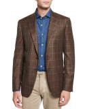 Windowpane-Check Two-Button Sport Coat, Brown