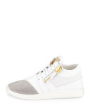 Singleg Leather & Suede Side-Zip Sneaker, White/Gray