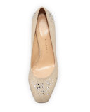 Low-Heel Jeweled Linen Pump, Natural