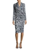 Long-Sleeve Ruched Leopard-Print Jersey Dress, Black/Gray