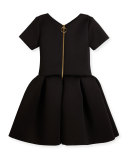 Short-Sleeve Pleated Fit-and-Flare Scuba Dress, Black, Size 4-6