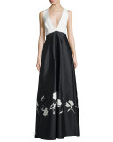 V-Neck Colorblock Gown W/Floral Appliqué, Jet
