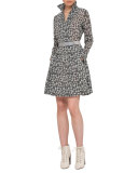 Ai-Print Long-Sleeve Belted A-Line Dress, Black/White