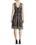 Sleeveless Embroidered Paneled A-Line Dress, Green/Black