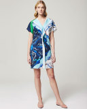 Short-Sleeve Printed Mini Dress, Blue/White