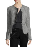 Long-Sleeve Stud-Trim Tweed Jacket, Black/White