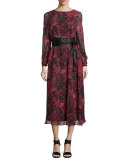 Aby Floral-Print Silk V-Back Midi Dress, Black/Red