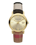 38mm Golden Stainless Steel Watch w/Check Canvas Strap