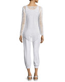 Rhonda Long-Sleeve Crochet Tunic Sweater, White