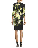 Floral-Jacquard 3/4-Sleeve Cocktail Dress, Black/Yellow