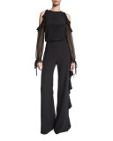 Karlina Ruffle-Trim Wide-Leg Pants, Black