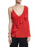 Silk Asymmetric Ruffle Blouse, Red