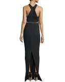 Embellished-Waist Racerback Column Gown, Black