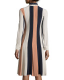 Colorblock Long-Sleeve Keyhole Dress, Nude/Multi
