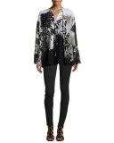 Long-Sleeve Floral-Print Caftan, Black/White