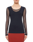 Long-Sleeve Mesh-Overlay Top, Navy
