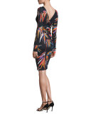 Long-Sleeve Boat-Neck Sheath Dress, Black/Multi Print