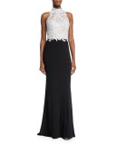 Beaded Sleeveless Mock-Neck Combo Gown, Black/White