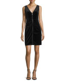 Velvet Front-Zip Plunge-Back Dress