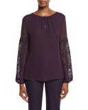 Brianna Long-Sleeve Silk Blouse w/ Lace Appliqué