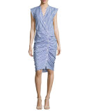 Sleeveless Ruched Striped Shirtdress, Blue/White