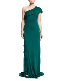 One-Shoulder Ruffle-Trim Jersey Gown, Jade