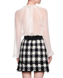 Long-Sleeve Ruffle-Front Blouse, White