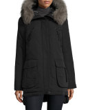 Long Fur-Trimmed Hooded Puffer Coat, Black
