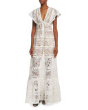 Butterfly-Sleeve Tiered-Lace Gown, Gardenia