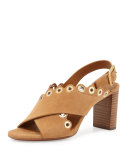 Eyelet-Studded Suede Sandal, Angora Beige