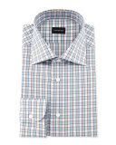 Checkerboard Woven Dress Shirt, Blue/Brown
