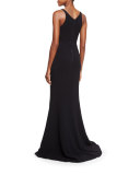 Sleeveless V-Neck Fluted Gown, Black