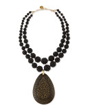 Double-Strand Carved Lava Bead & Wood Pendant Necklace, 21" 
