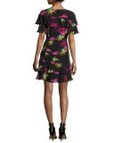 Jungle-Print Ruffled Dress, Black