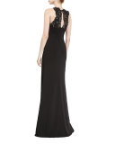 Sleeveless Lace-Back Ponte Gown, Black