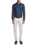 Printed Denim-Effect Herringbone Sport Shirt, Blue