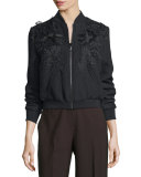 Dawn Textured Floral-Trim Bomber Jacket, Black