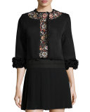 Embroidered Shearling Fur Cropped Jacket, Black