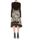 Long-Sleeve Printed-Skirt Combo Dress, Black/White/Yellow Print