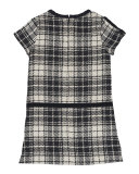 Cap-Sleeve Plaid Velvet-Trim Shift Dress, Black/White, Size 4-6X