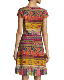 Ribbon-Print Cap-Sleeve A-Line Dress, Red/Multi